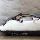 A small fawn dog sleeping cosy inside a luxurious Dog Snuggle Bed, a sleeping bag / cave bed style dog bed, with a dark brown outer cover and cream plush lining, in a home settnig on a stone floor with a whitewashed stone wall in the background.