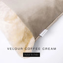 Close up of the corner of a luxury Dog Snuggle Bed, a cave bed style dog bed or sleeping bag style dog bed, with a beige upholstery-quality velour / velvet outer cover and plush cream faux-fur lining, showing a Charley Chau designer brand label on the dog bed, on a white background.