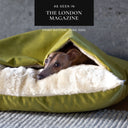 Dog peeking out of a sleeping bag style luxury dog bed - a dog Snuggle Bed by designers Cahrley Chau - with a lime velvet outer cover and plush faux-fur lining in cream, in a modern home setting with grey marble wall and an "as featured in the press" badge for The London Magazine.