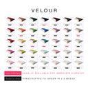 Colour chart grid showing 35 different colours for the Velvet outer fabric for Charley Chau's luxury Dog Snuggle Bed. 