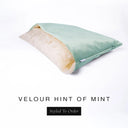 A luxury Dog Snuggle Bed, a cave bed style dog bed or sleeping bag dog bed, in upholstery-quality pale mint green Velour with a cream plush lining on a white backdrop.