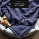 A dog sleeping covered up with a soft, cosy navy blue fleece dog blanket in a pale grey luxury donut dog bed wit ha "As seen in the Cheshire Magazine" press feature badge above.