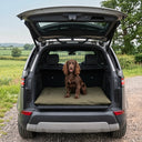 A chocolate colour working cocker spaniel dog sits on an olive green water-resistant dog travel pad inside the open trunk of a 4x4 / SUV car, parked outdoors on a gravel path with green fields and trees in the background.
