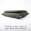 The tough, water-resistant Travel Pad stacked on the larger Day Bed Mattress, both in Dry Wax Cotton Canvas, showing the size difference between the two dog crate mattress styles.