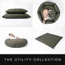 A collage showing four styles of water-resistant dog beds in an olive green cotton canvas, including two rectangular pillows, a round donut dog bed with a dog lying inside, a round dog bed mattress with a dog on top, and a flat rectangular dog crate pad, with the text 'THE UTILITY COLLECTION' at the bottom.