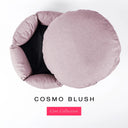 A luxury donut dog bed in pale dusty pink Cosmo fabric seen from above with the round mattress lifted out of the high-wall donut bed sides, on a white background with the text 'COSMO BLUSH' and a pink 'Core Collection' label.