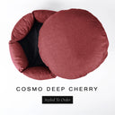 A luxury donut dog bed in deep cherry red Cosmo fabric seen from above with the round mattress lifted out of the high-wall donut bed sides, on a white background with the text 'COSMO DEEP CHERRY' and a black 'Styled To Order' label.