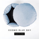 A luxury donut dog bed in soft sky blue Cosmo fabric seen from above with the round mattress lifted out of the high-wall donut bed sides, on a white background with the text 'COSMO BLUE SKY' and a black 'Styled To Order' label.