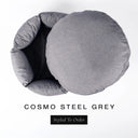 A luxury donut dog bed in cool steel grey Cosmo fabric seen from above with the round mattress lifted out of the high-wall donut bed sides, on a white background with the text 'COSMO STEEL GREY' and a black 'Styled To Order' label.