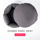 A luxury donut dog bed in dark grey Cosmo fabric seen from above with the round mattress lifted out of the high-wall donut bed sides, on a white background with the text 'COSMO DARK GRAY' and a pink 'Core Collection' label.