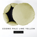 A luxury donut dog bed in pale lime yellow Cosmo fabric seen from above with the round mattress lifted out of the high-wall donut bed sides, on a white background with the text 'COSMO PALE LIME YELLOW' and a black 'Styled To Order' label.