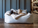 Two dogs  sleeping soundly in a pale grey luxury dog bed made to last, looking very cosy on pale grey a faux-fur blanket, in a home setting with a dark wooden parquet floor and a blue wood panelled wall behind the dog bed. 