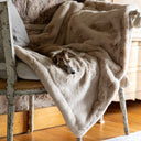 Dog sleeping on a chair draped with a plush, cosy Faux-Fur Dog Blanket in Golden Fawn in a home setting.