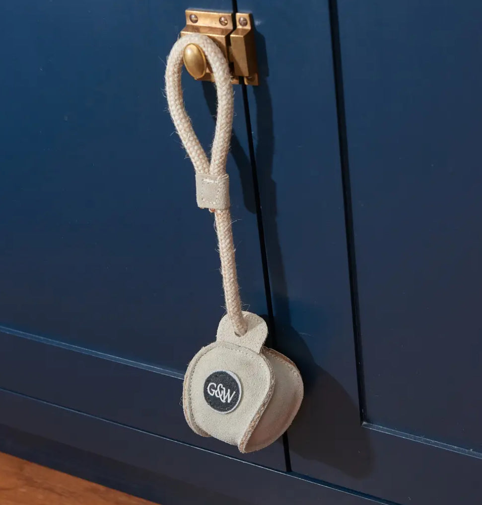 Chuck ball, using its rope to hang on a blue door.