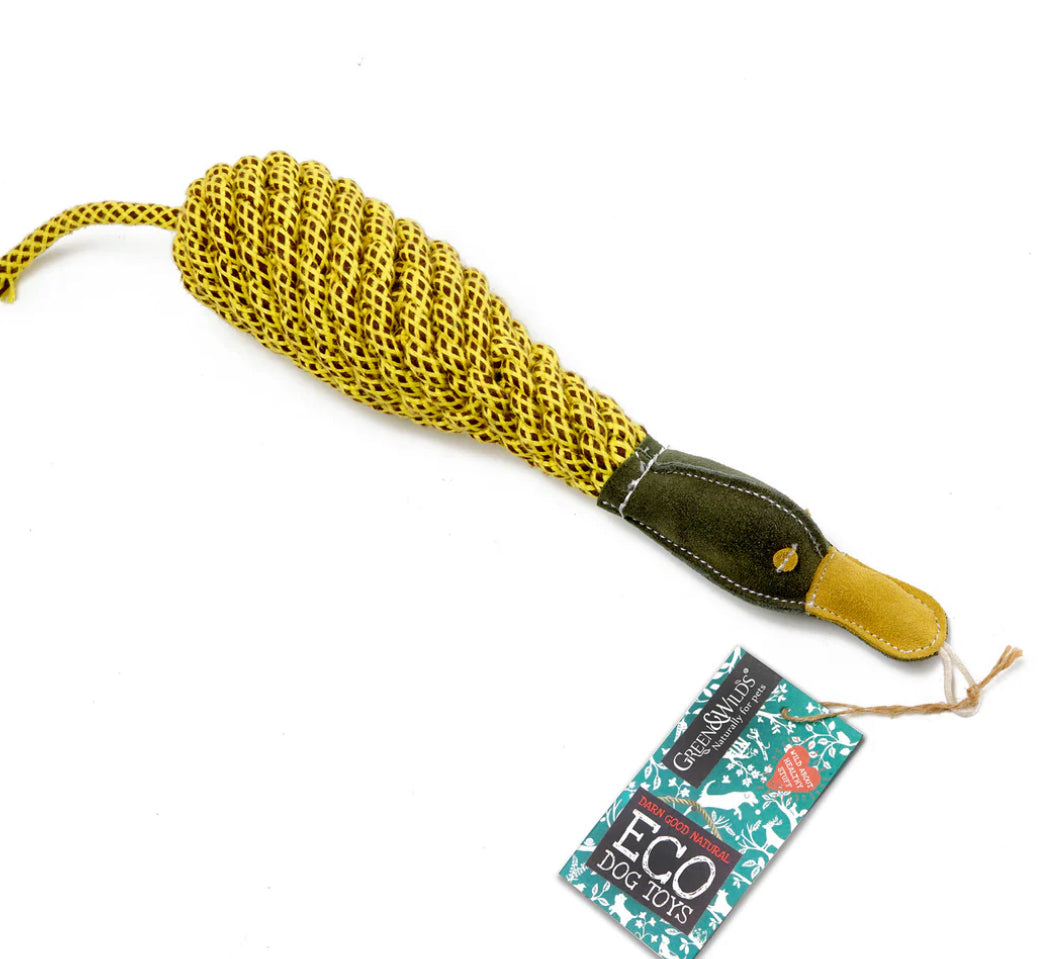 Yellow duck dog toy with a brand label on a white background.