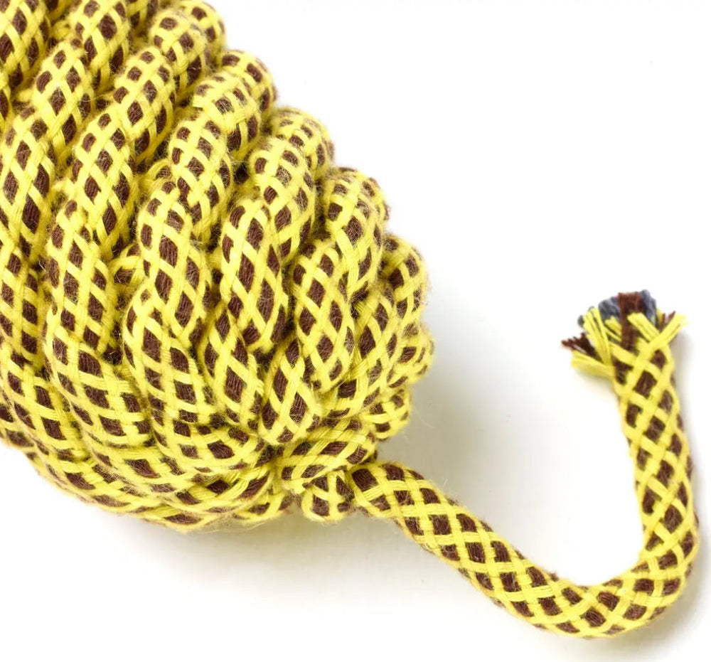 End of the Yellow and brown duck rope toy on a white background