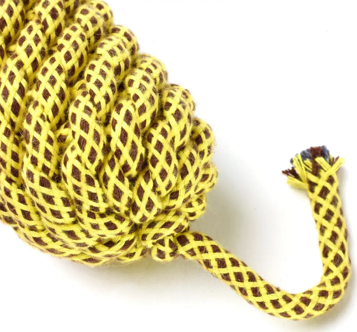 End of the Yellow and brown duck rope toy on a white background