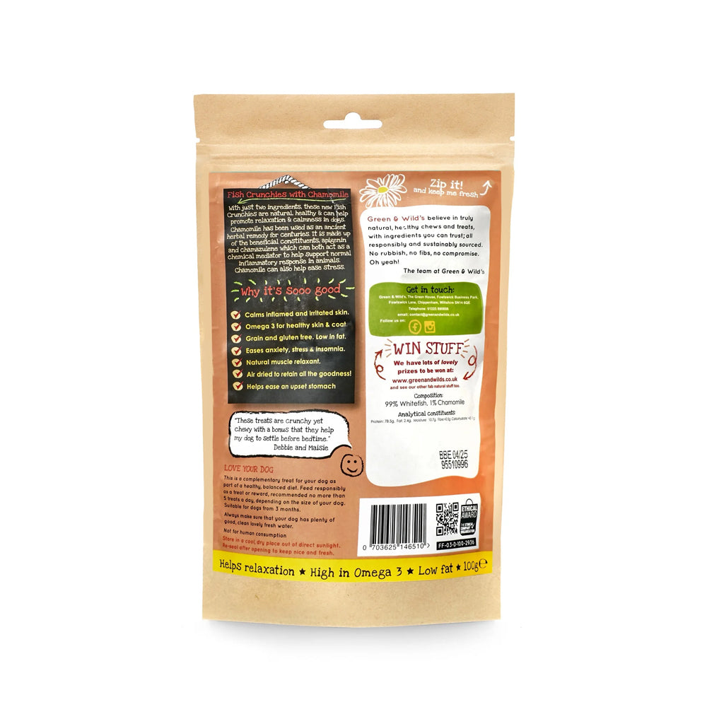 Rear view of a packaged Green & Wild's Fish Crunchies with Chamomile Dog Treats on a white background