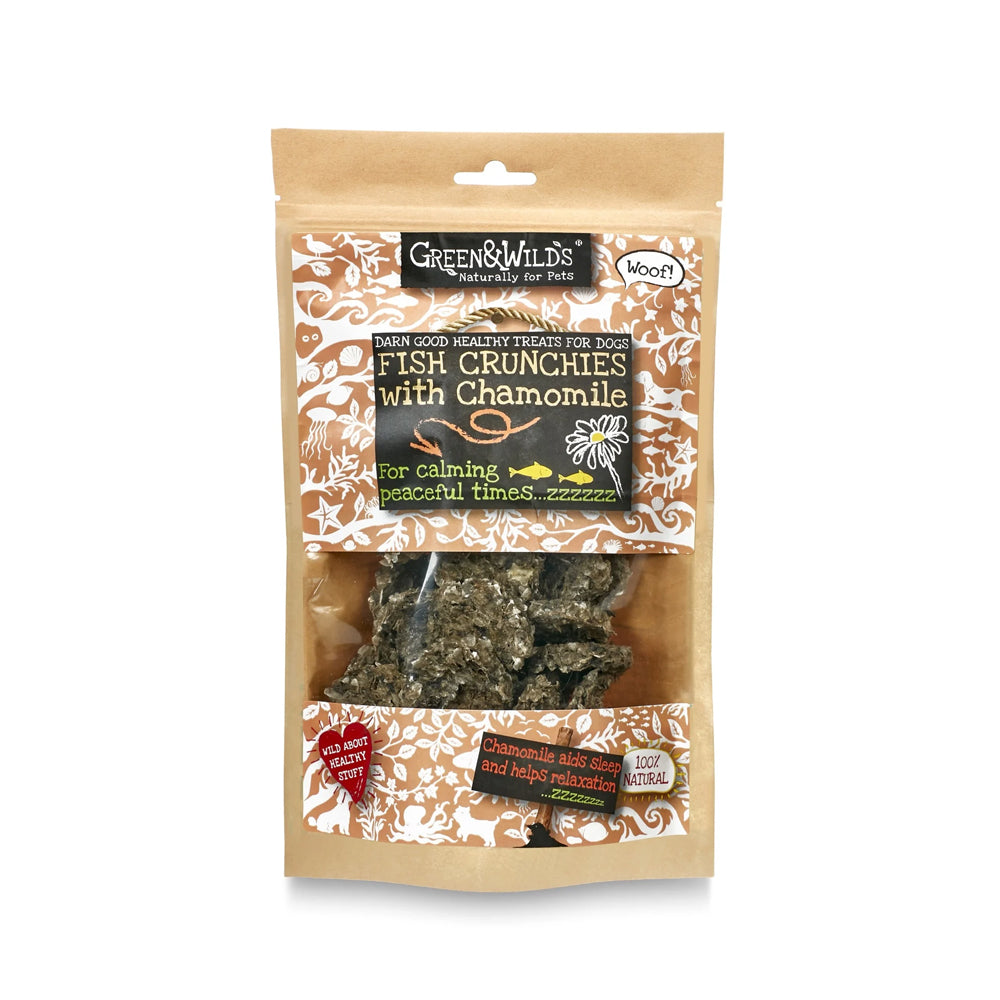 Packaged Green & Wild's Fish Crunchies with Chamomile Dog Treats on a white background