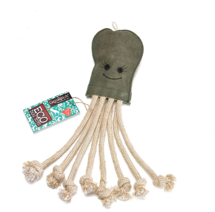 Green dog toy with string-like extensions to make an octopus on a white background