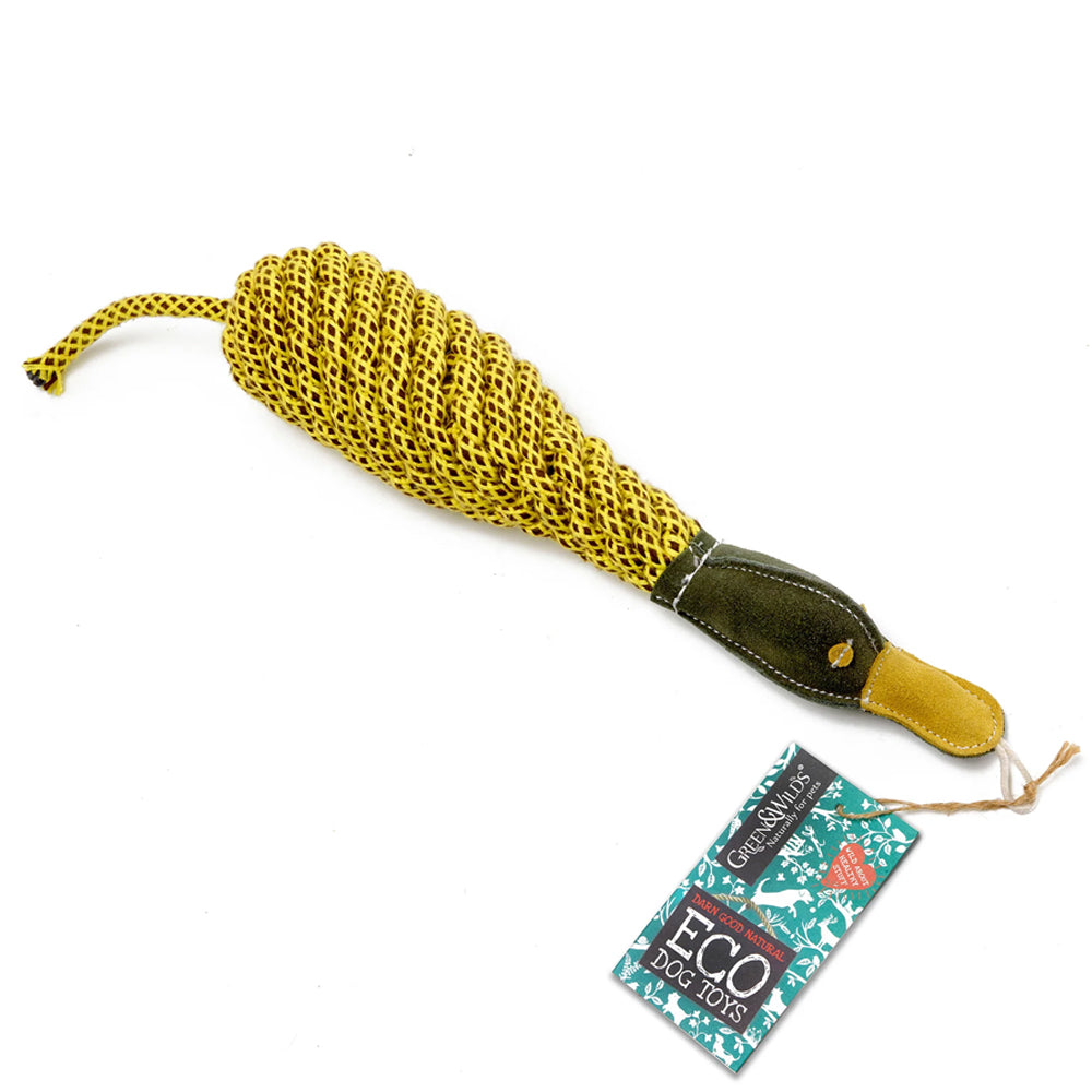 Dog Toy made from yellow jute rope with a duck-shaped head of green suede on a white background.