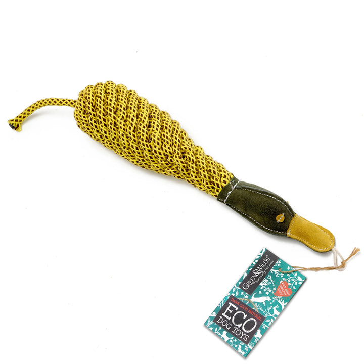 Dog Toy made from yellow jute rope with a duck-shaped head of green suede on a white background.