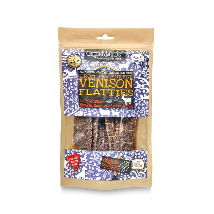 Package of Green & Wild's Venison Flatties dog treats on a white background