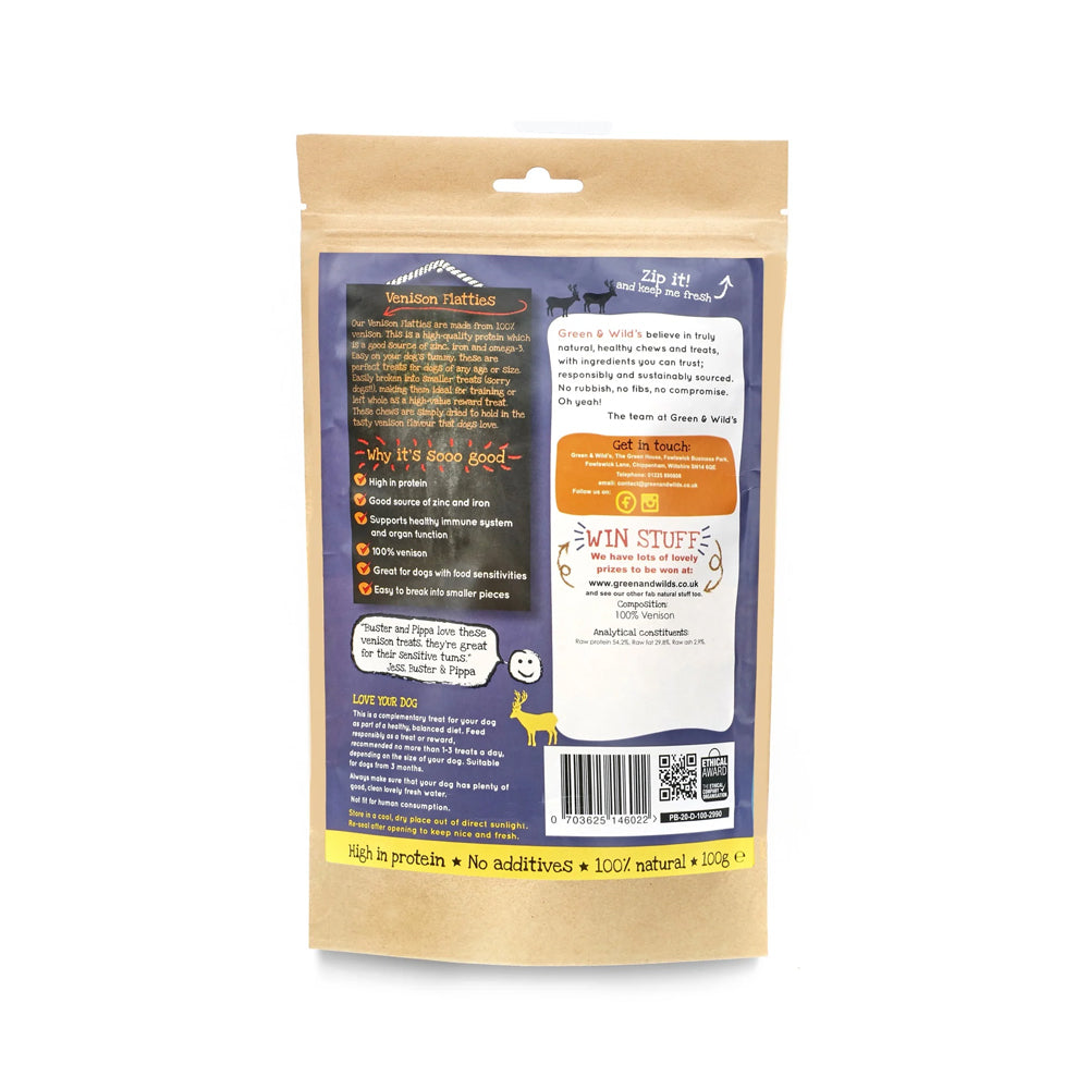 The back of a package of Green & Wild's Venison Flatties dog treats on a white background.