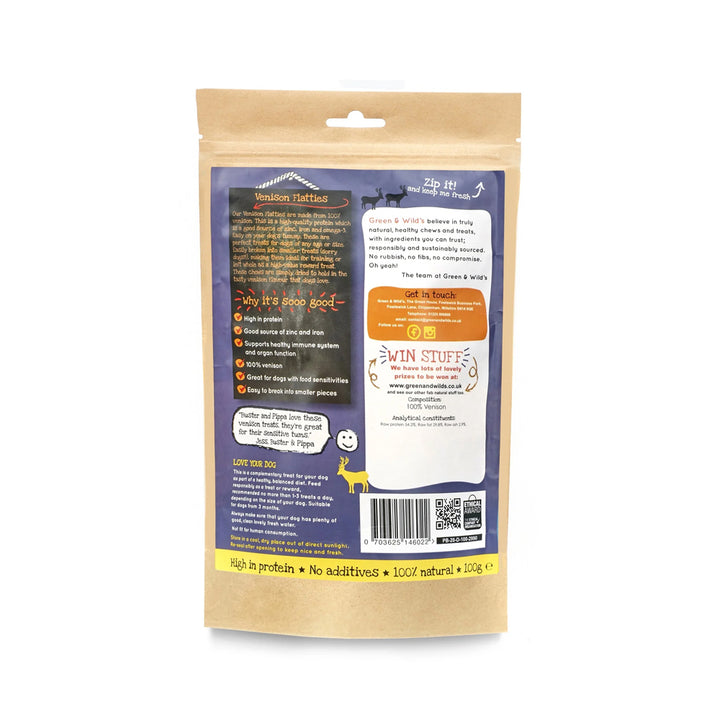 The back of a package of Green & Wild's Venison Flatties dog treats on a white background.