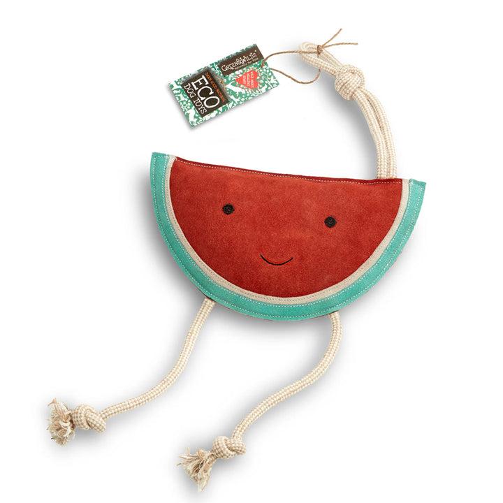 Watermelon shaped dog toy with a smiling face and rope legs and handle, on a white background