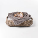 A dog lying on a plus grey faux-fur dog blanket in a luxury rattan dog bed on a white background.