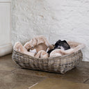 Two dogs curled up very cosy in a luxury rattan dog basket woven with rattan canes to create a natural dog bed  with a fawn faux-fur dog blanket in a home setting with a stone tiled floor and whitewashed stone wall.