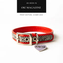 Black and white Harris Tweed tweed dog collar with red leather and a Holly&Lil tag on a white backdrop with "As seen in OK! Magazine" press feature badge above. 