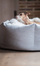 A dog lying in a pale grey dog bed with a cream faux-fur blanket looking very cosy/