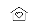 Black outline of a house with a heart in the center on a white background