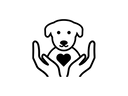 Black line drawing of a dog with a heart in hands on a white background