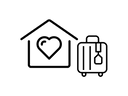 Icon of a house with a heart symbol and a suitcase next to it on a white background