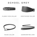 Four dark grey leather dog collars and a coordinating lead shown on a white background under the heading 'SCHOOL GREY'. The products are labelled Classic Dog Collar, Sighthound Collar, House Collar, and Coordinating Lead. Hand-crafted by Petiquette Collars in England for a quality leather dog collar that is made to last.