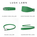 Four bright green leather dog collars and a coordinating lead shown on a white background under the heading 'LUSH LAWN'. The products are labelled Classic Dog Collar, Sighthound Collar, House Collar, and Coordinating Lead.