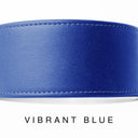 A close-up of a hand-crafted bright blue leather dog collar with visible stitching, made with fine Italian Calf leather in England, labelled 'VIBRANT BLUE' below on a white background.