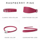 Four raspberry pink leather dog collars and a coordinating lead shown on a white background under the heading 'RASPBERRY PINK'. The products are labelled Classic Dog Collar, Sighthound Collar, House Collar, and Coordinating Lead. Hand-crafted by Petiquette Collars in England for a quality leather dog collar that is made to last.
