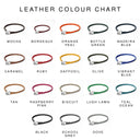 A colour chart for handcrafted leather house collars for dogs in 18 different colours with 18 fine leather house collars shown with silver clasps. Each colour is labelled with its name.