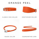 Four bright orange leather dog collars and a coordinating lead shown on a white background under the heading 'ORANGE PEEL'. The products are labelled Classic Dog Collar, Sighthound Collar, House Collar, and Coordinating Lead. Hand-crafted by Petiquette in England.