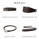 Four DARK BROWN leather dog collars and a coordinating lead shown on a white background under the heading 'MOCHA'. The products are labelled Classic Dog Collar, Sighthound Collar, House Collar, and Coordinating Lead.