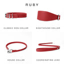 A collage of red leather dog collars and leads in different styles for all breeds and sizes of dogs.