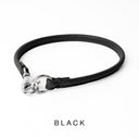 Bespoke Black Leather ID Tag Collar with a silver coloured clasp, also known as a House Collar on a white back drop.