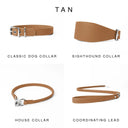Four tan leather dog collars and a coordinating lead shown on a white background under the heading 'TAN'. The products are labelled Classic Dog Collar, Sighthound Collar, House Collar, and Coordinating Lead. Hand-crafted by Petiquette Collars in England for a quality leather dog collar that is made to last.