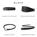 Four pale black leather dog collars and a coordinating lead shown on a white background under the heading 'BLACK'. The products are labelled Classic Dog Collar, Sighthound Collar, House Collar, and Coordinating Lead.