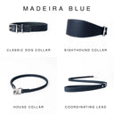 Four dark  blue leather dog collars and a coordinating lead shown on a white background under the heading 'MADEIRA BLUE'. The products are labelled Classic Dog Collar, Sighthound Collar, House Collar, and Coordinating Lead.