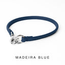 Bespoke Dark Blue Leather ID Tag Collar with a silver coloured clasp, also known as a House Collar on a white back drop.